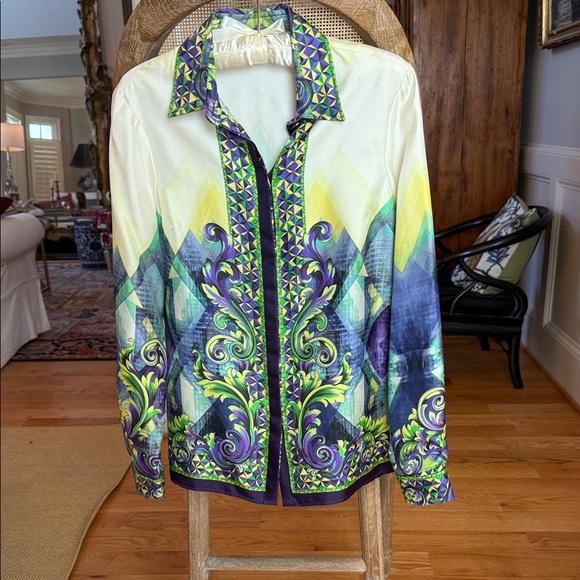 Versace Classic Silk Shirt in vibrant purple, blues, green and yellow. Stunning! - Picture 1 of 9